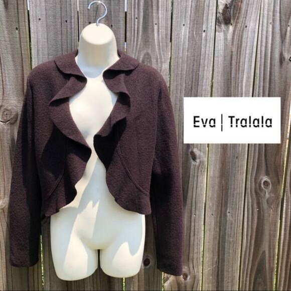 Eva Tralala Paris Wool Cardigan 2 Coat Jacket Ruffle Brown Long Sleeve Top Crop - Picture 1 of 8